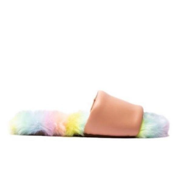 !! NEW !! Faux Fur & Vegan Leather Slides in Rainbow - Picture 2 of 4